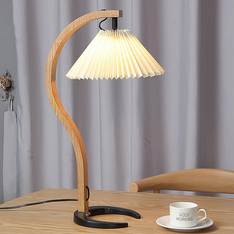 Scandinavian Table Lamp  Curved Wood with Pleated Shade - Product showcase