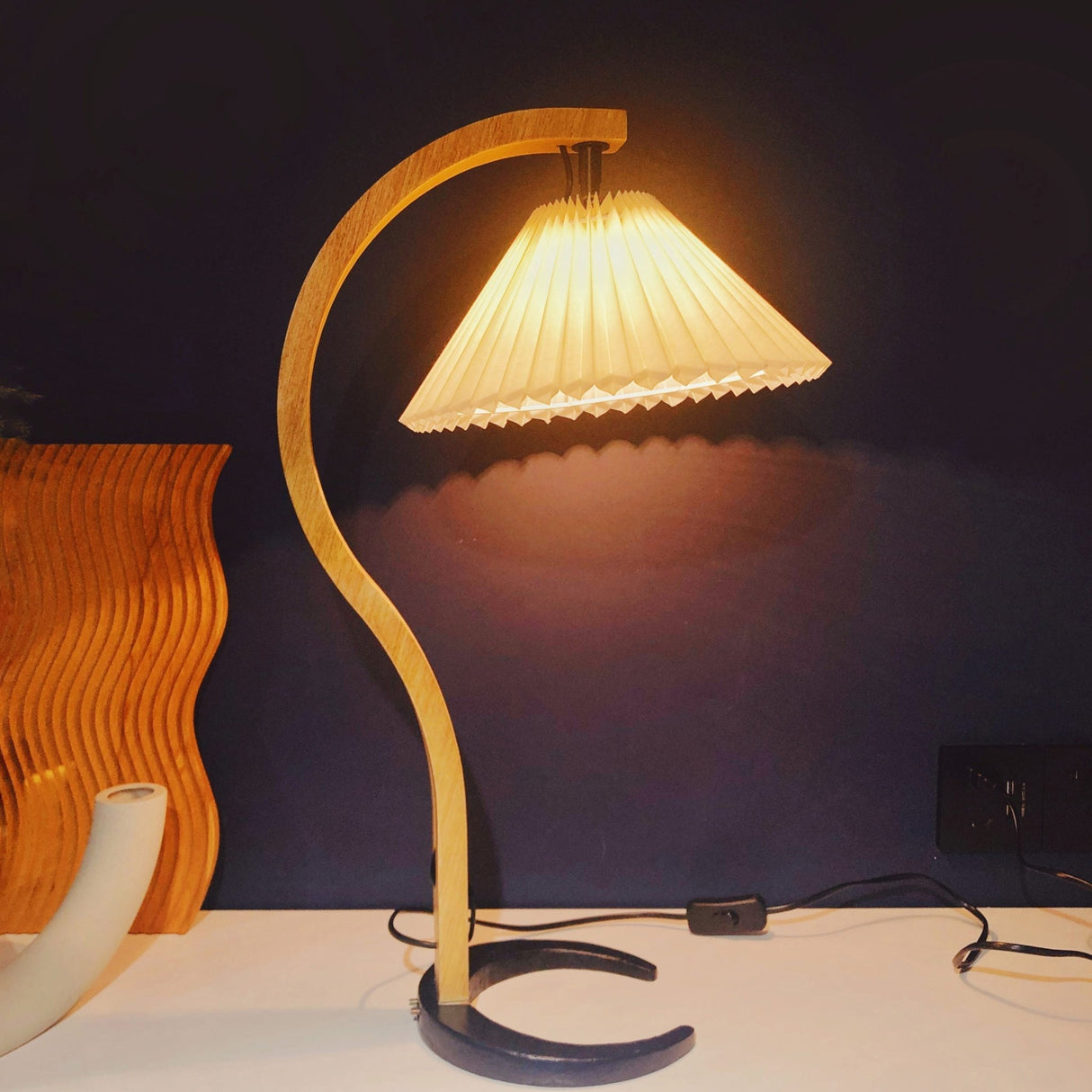 Scandinavian Table Lamp  Curved Wood with Pleated Shade - Product detail 25