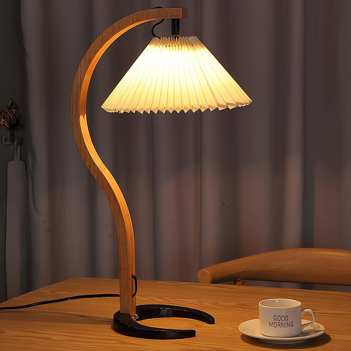 Scandinavian Table Lamp  Curved Wood with Pleated Shade - Product detail 5