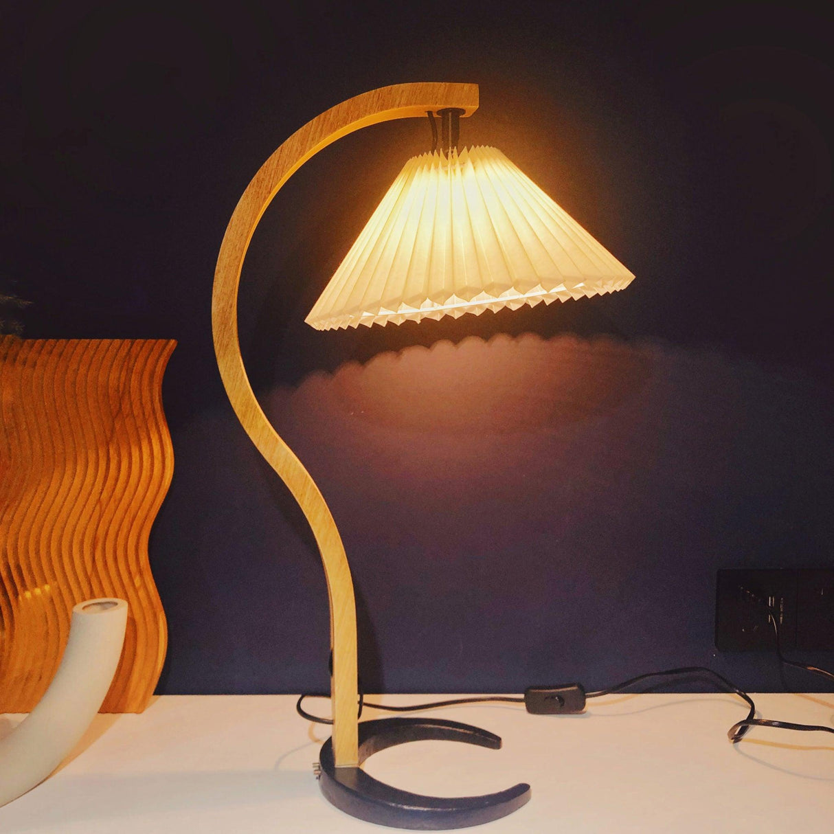 Scandinavian Table Lamp  Curved Wood with Pleated Shade - Product detail 12