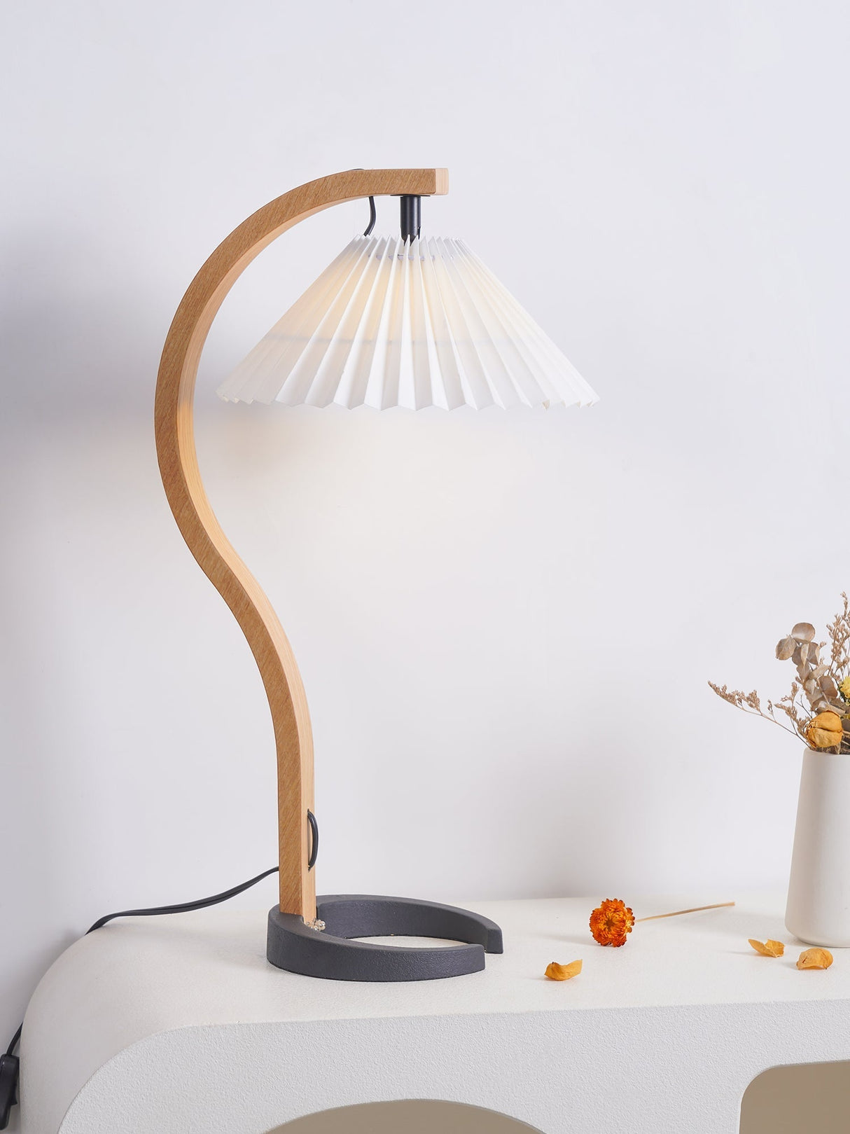 Scandinavian Table Lamp  Curved Wood  Pleated Shade - Product detail 13