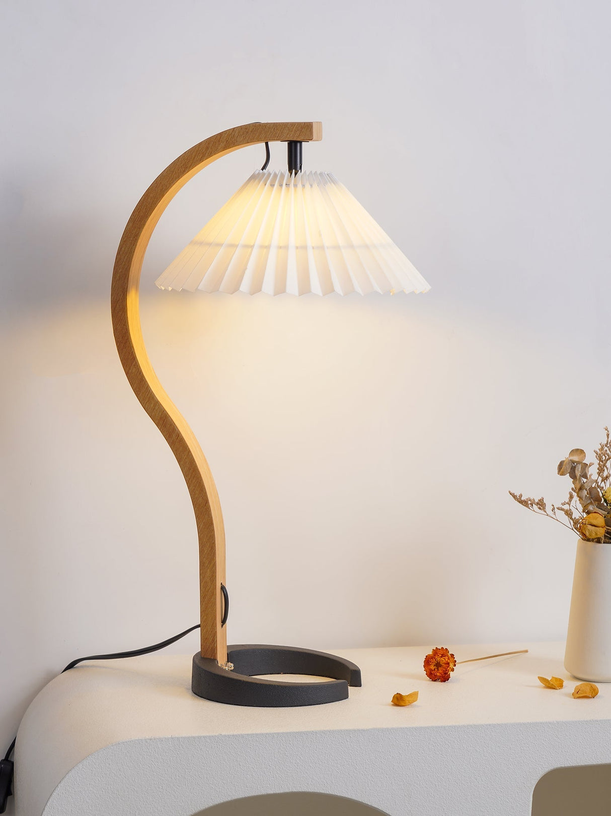 Scandinavian Table Lamp  Curved Wood with Pleated Shade - Product detail 7