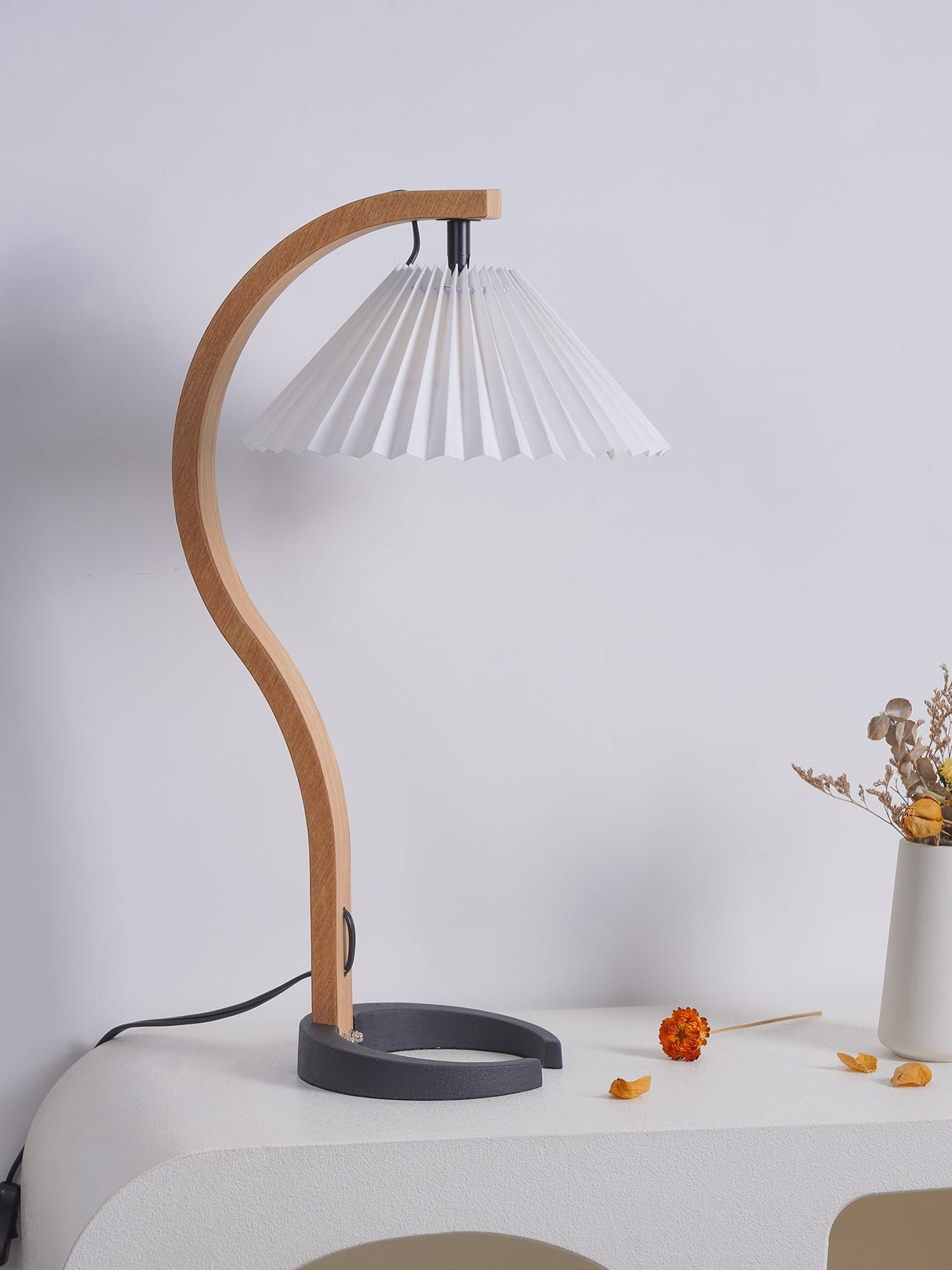 Scandinavian Table Lamp  Curved Wood  Pleated Shade - Product detail 18