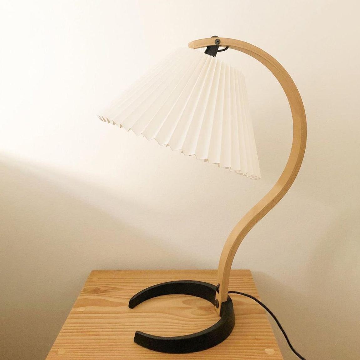 Scandinavian Table Lamp  Curved Wood with Pleated Shade - Product example