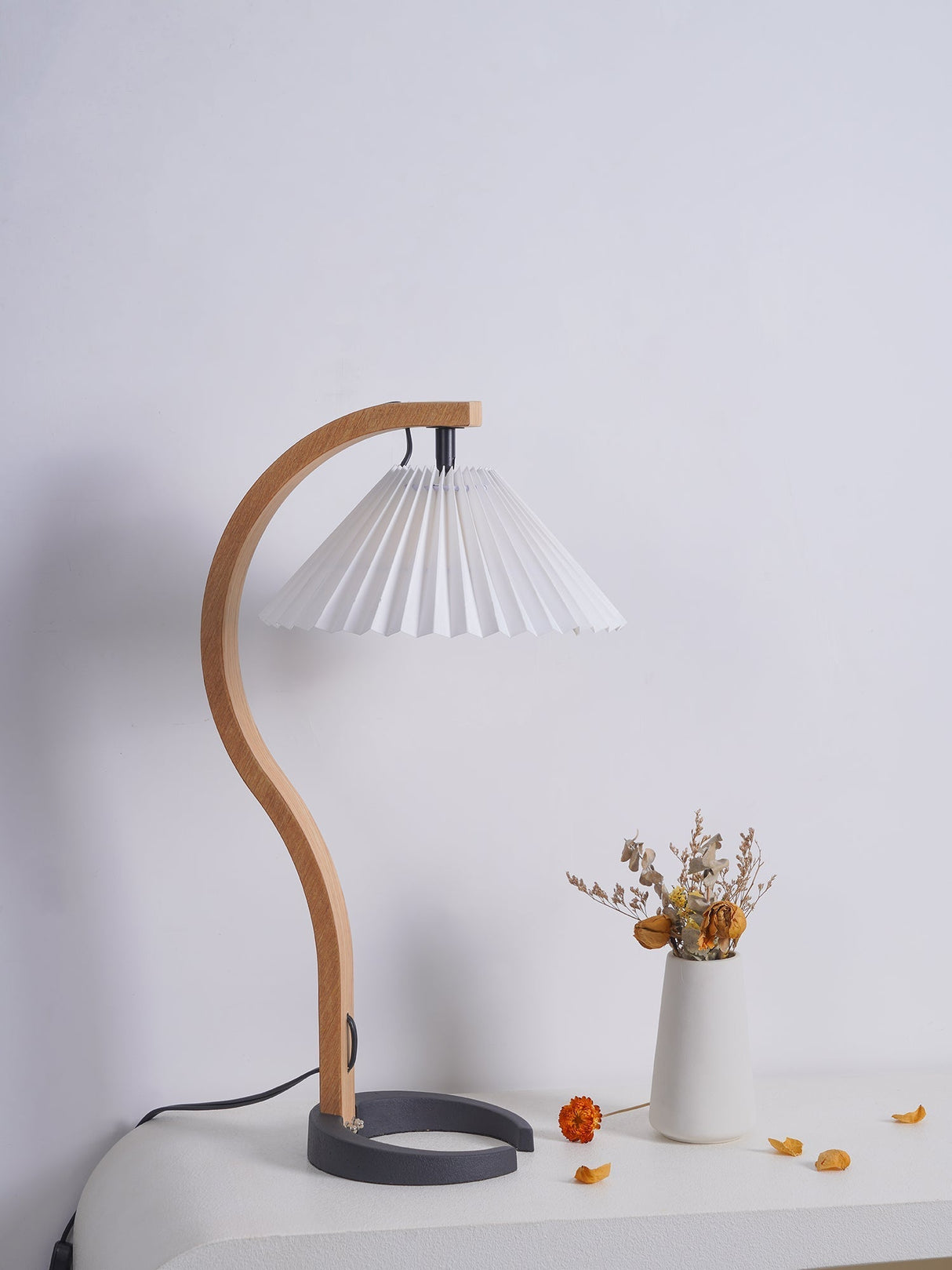 Scandinavian Table Lamp  Curved Wood  Pleated Shade - Product detail 17