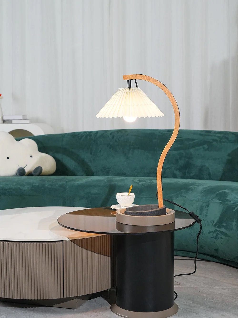 Scandinavian Table Lamp  Curved Wood  Pleated Shade - Product detail 6