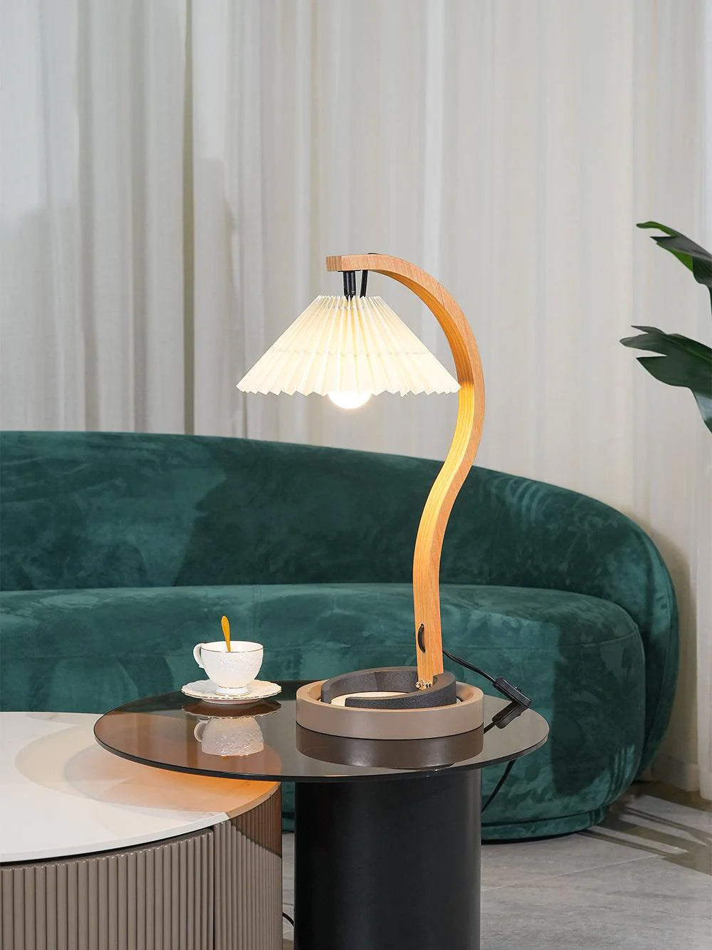 Scandinavian Table Lamp  Curved Wood  Pleated Shade - Product detail 8