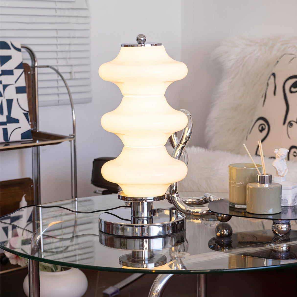 Modern Table Lamp  White Glass Shade Chrome Base - Detailed view