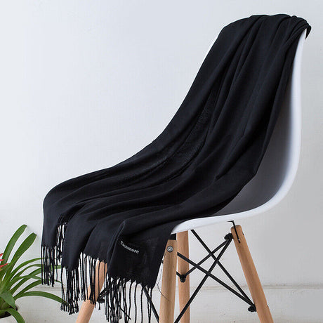 Cashmere Scarf  Soft Black Fringe Winter Wrap - Product showcase