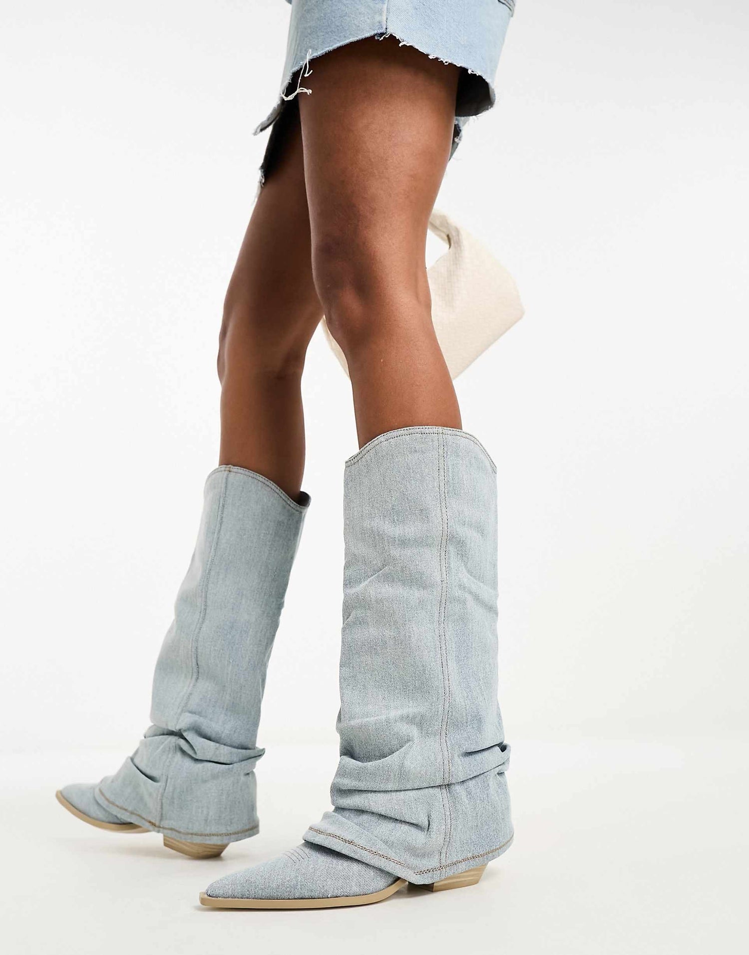 Denim Knee High Boots  Light Blue Slouchy Western Style - Detailed view