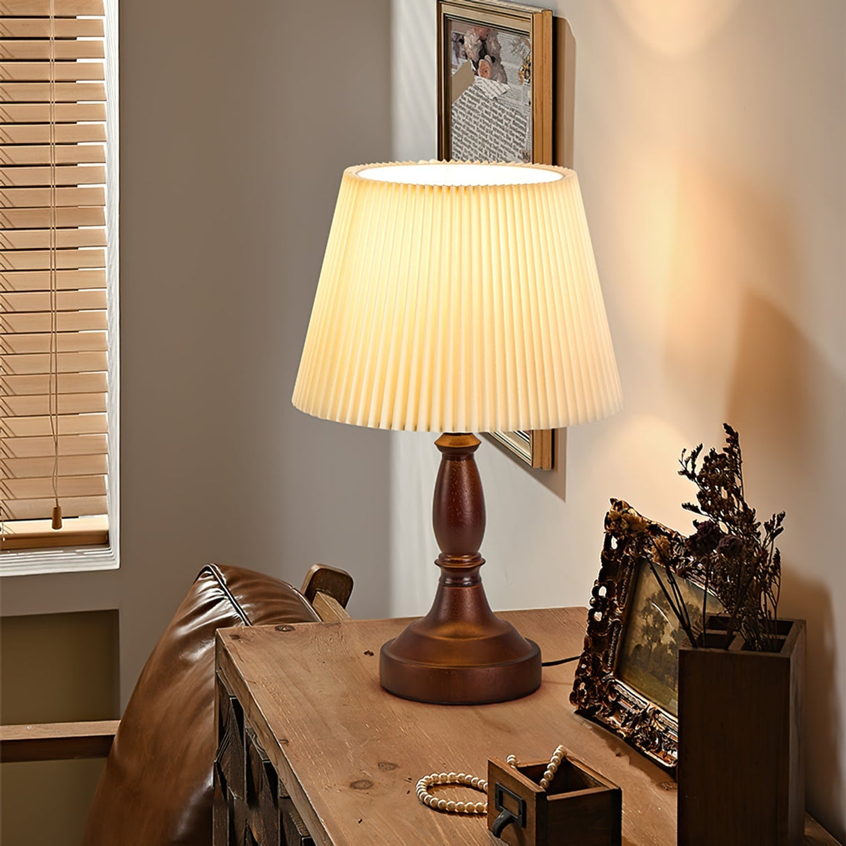 Traditional Table Lamp  Walnut Base With Pleated Shade - Detailed view