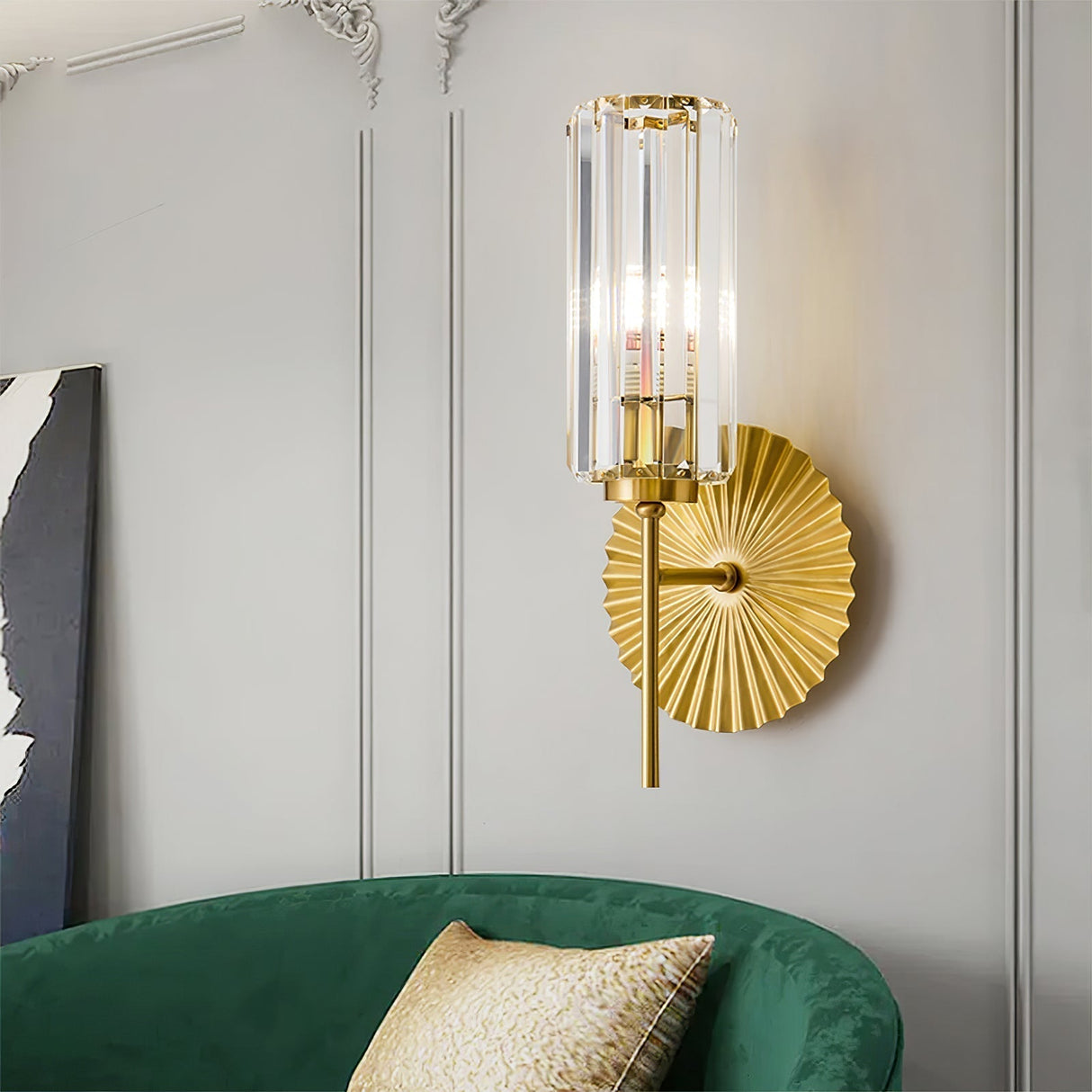 Art Deco Wall Sconce  Crystal Glass Cylinder With Brass Sunburst - Product detail 12