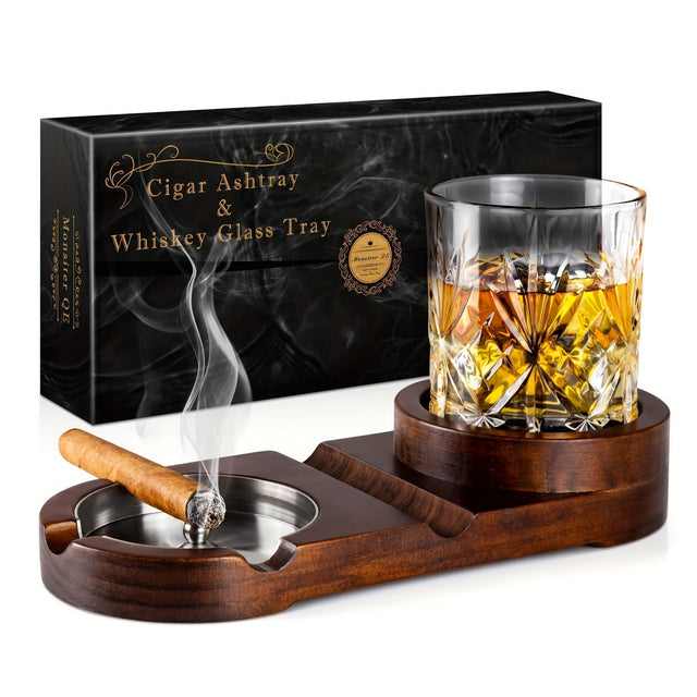Wooden Cigar Ashtray  Crystal Whiskey Glass Tray Set - Product showcase