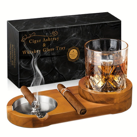 Wooden Cigar Ashtray with Whiskey Glass Holder  Premium Dark Wood Finish - Product detail 7