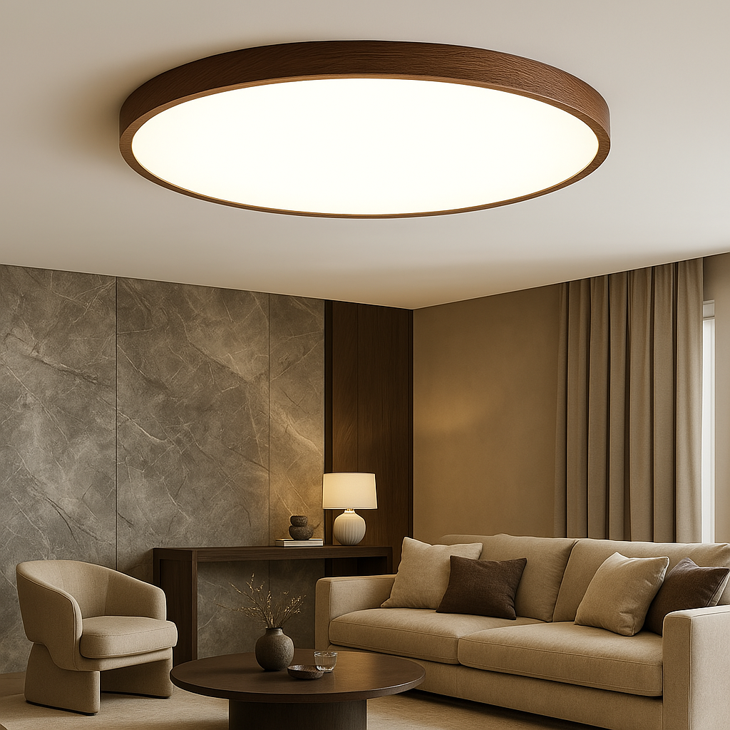 Wood Grain Ceiling Light  Round LED Flush Mount Fixture - Product showcase