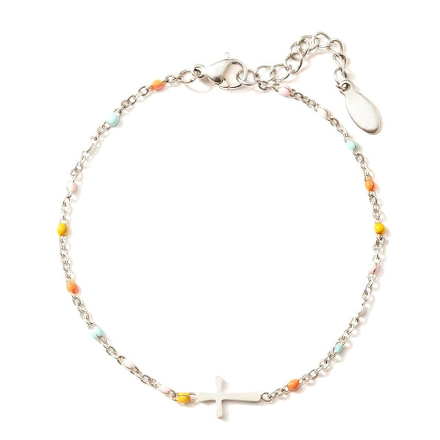Cross Charm Bracelet  Colorful Beaded Silver Chain - Product showcase