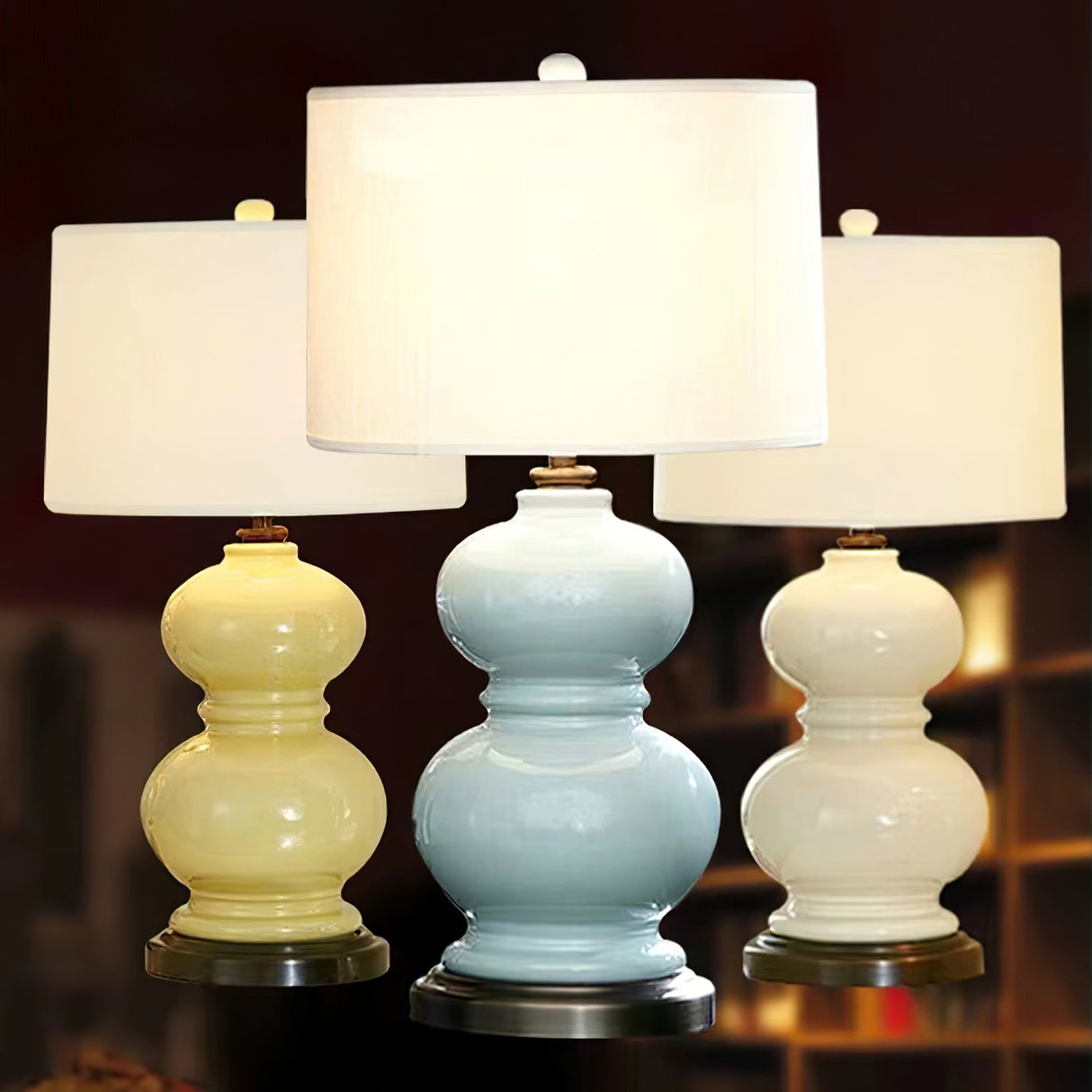 Ceramic Table Lamp  White Gourd Base with Linen Shade - Product detail 11