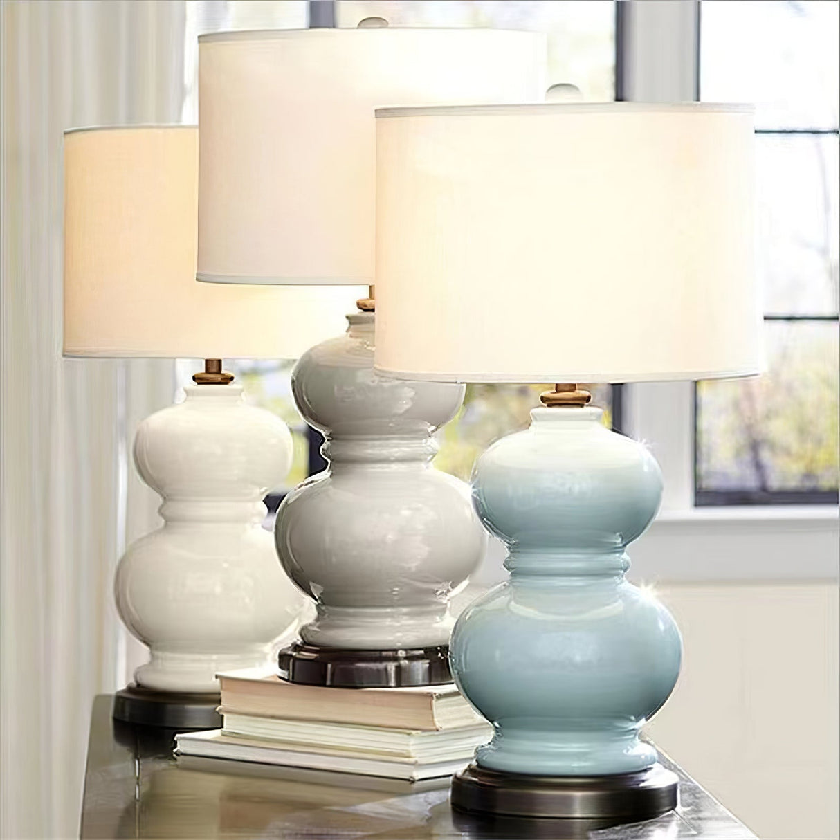 Ceramic Table Lamp  White Gourd Base with Linen Shade - Product detail 12