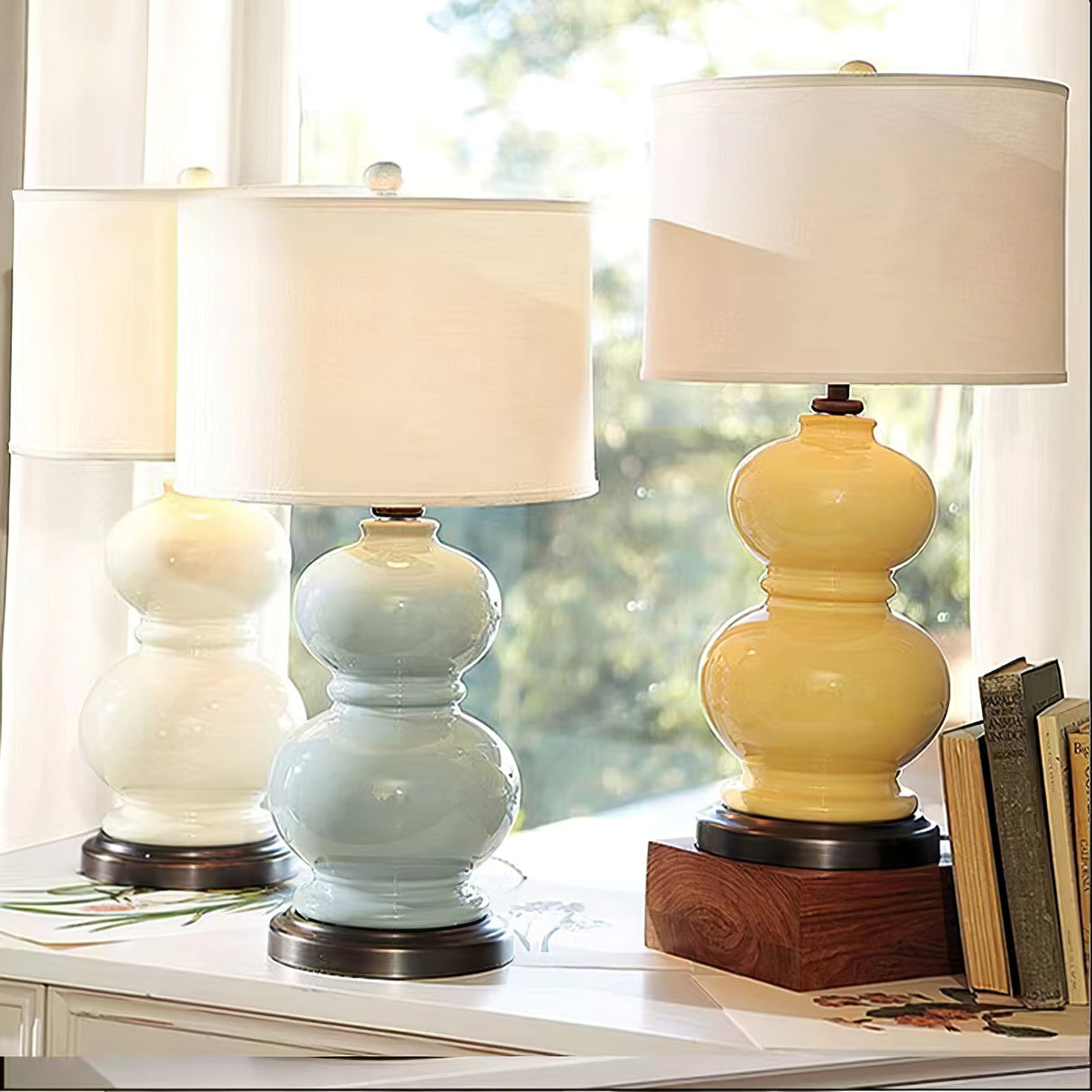 Ceramic Table Lamp  White Gourd Base with Linen Shade - Product detail 7