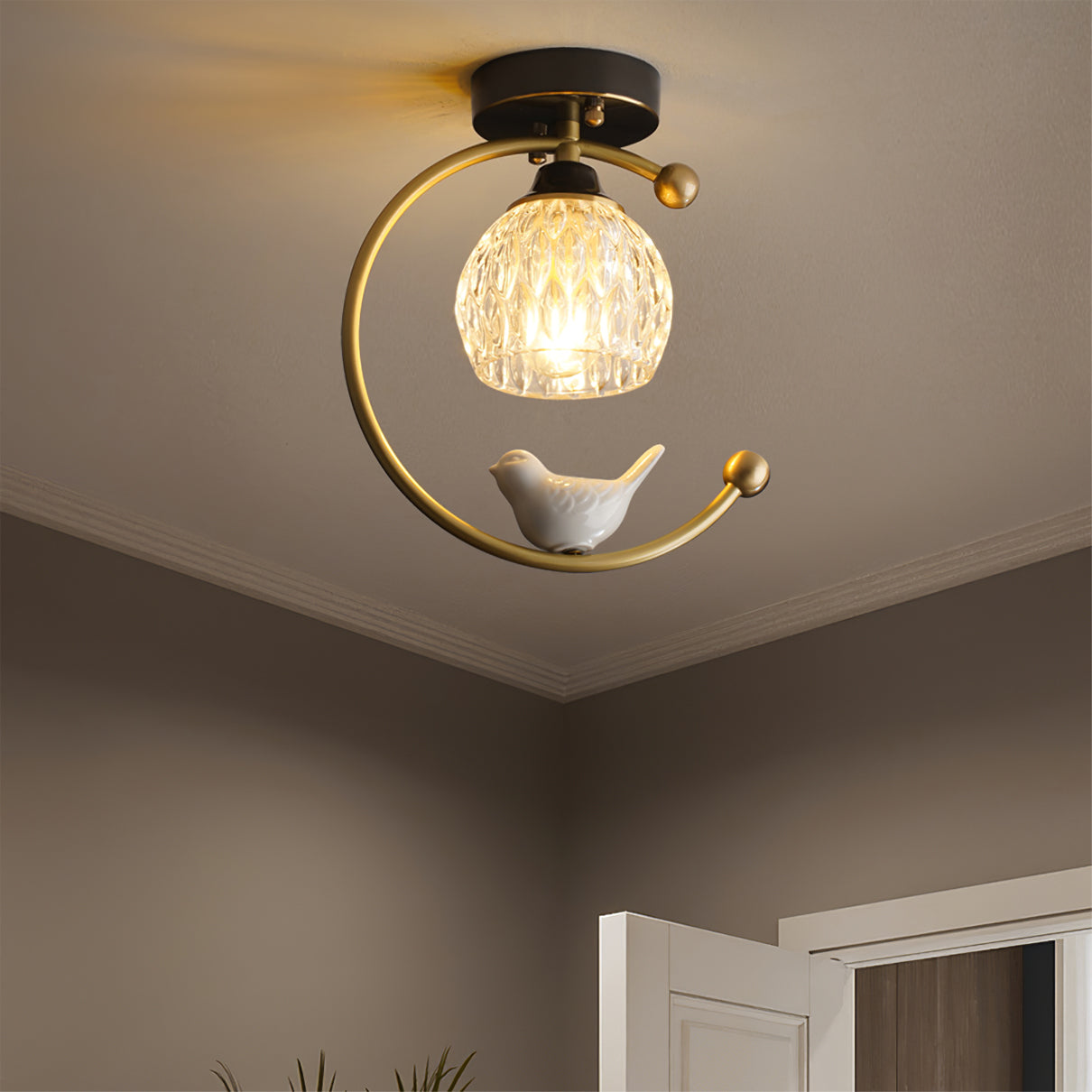 Modern Bird Ceiling Light  Brass Frame Glass Shade - Detailed view
