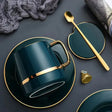 Ceramic Coffee Mug Set  Teal Green with Gold Rim Accents - Product showcase