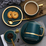 Ceramic Coffee Mug Set  Teal Green with Gold Rim Accents - Product example