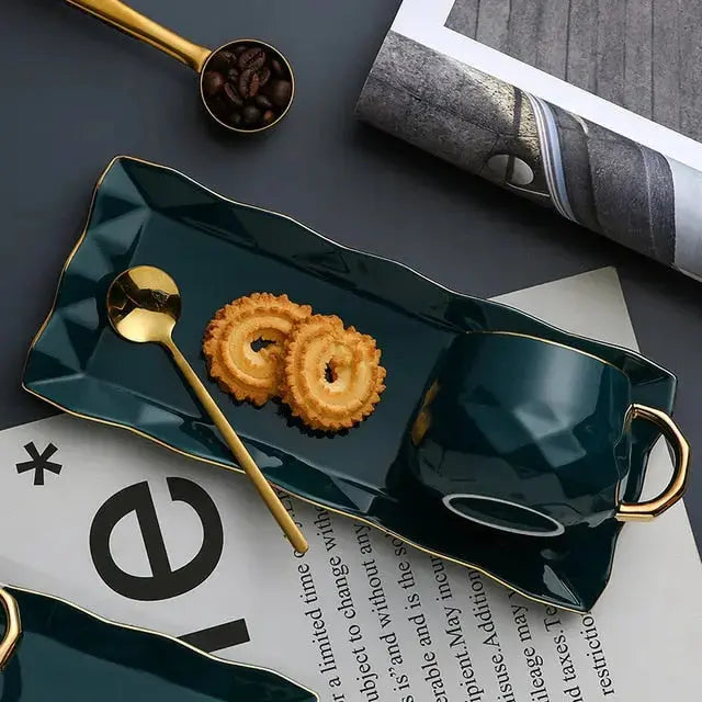 Ceramic Coffee Mug Set  Teal Green with Gold Rim Accents - Product detail 4