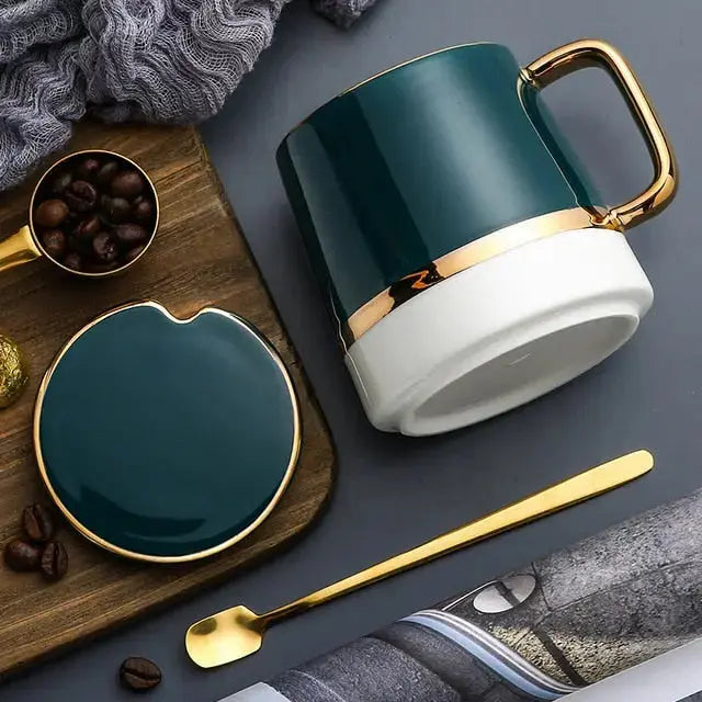 Ceramic Coffee Mug Set  Teal Green with Gold Rim Accents - Product detail 6