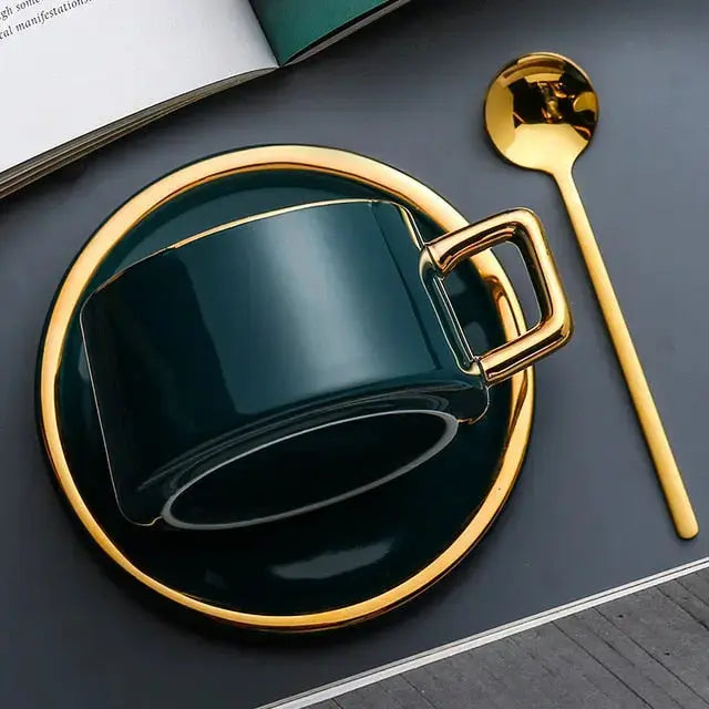 Ceramic Coffee Mug Set  Teal Green with Gold Rim Accents - Product detail 7