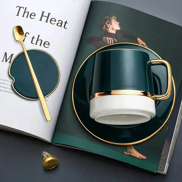 Ceramic Coffee Mug Set  Teal Green with Gold Rim Accents - Product detail 8