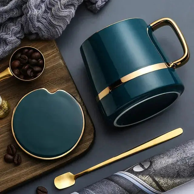 Ceramic Coffee Mug Set  Teal Green with Gold Rim Accents - Product detail 9