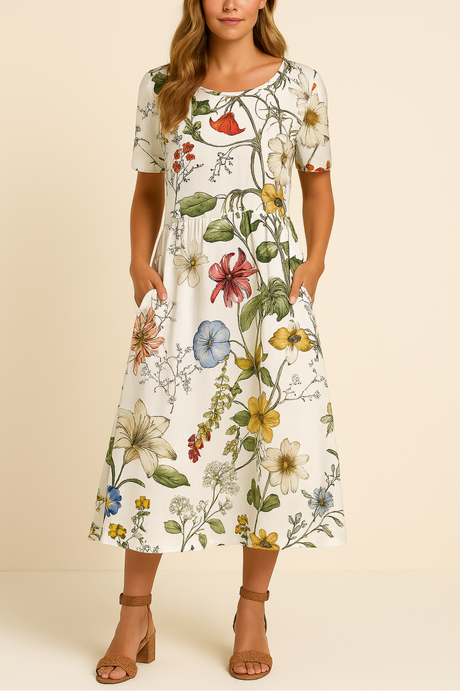 Botanical Midi Dress  Garden Floral Print Cotton Blend - Product detail 4