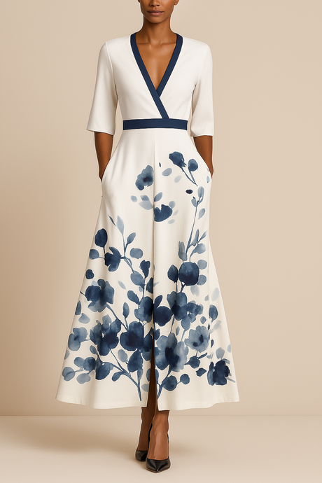 Floral Maxi Dress  Grey Blue with Red Blooms V-Neck Design - Product detail 6