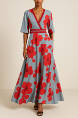 Floral Maxi Dress  Grey Blue with Red Blooms V-Neck Design - Product showcase