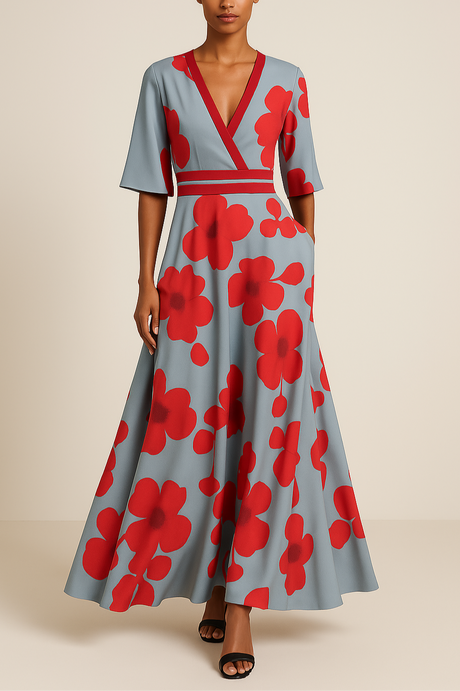 Floral Maxi Dress  Grey Blue with Red Blooms V-Neck Design - Product showcase
