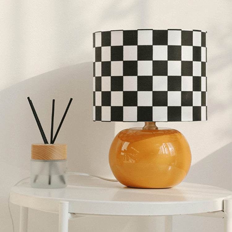 Geometric Table Lamp  Orange Glass Base with Checkerboard Shade - Detailed view