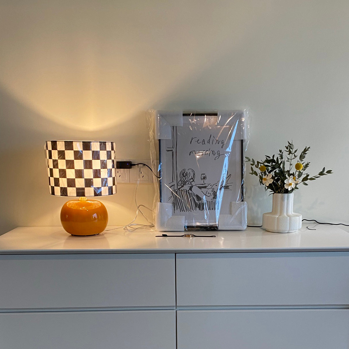 Geometric Table Lamp  Orange Glass Base with Checkerboard Shade - Product detail 4
