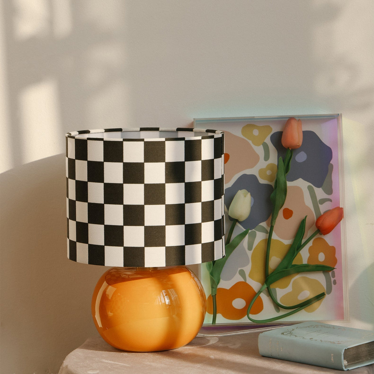 Geometric Table Lamp  Orange Glass Base with Checkerboard Shade - Product detail 5