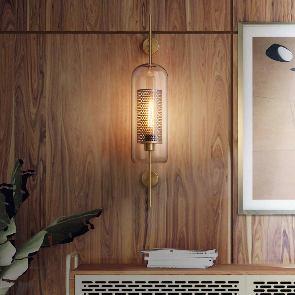 Modern Glass Wall Lamp  Brushed Brass with Clear Cylinder Shade - Product example