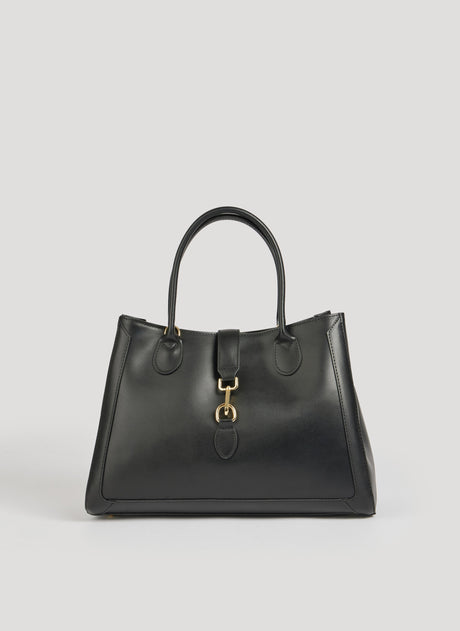 Classic Leather Tote Bag  Black Brushed Leather Gold Hardware - Product showcase