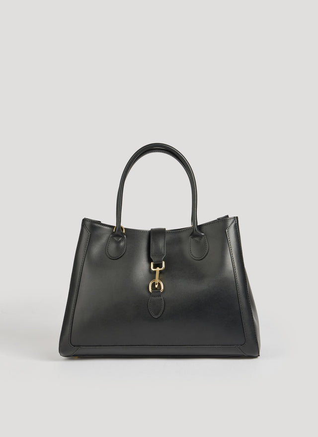 Classic Leather Tote Bag  Black Brushed Leather Gold Hardware - Product showcase