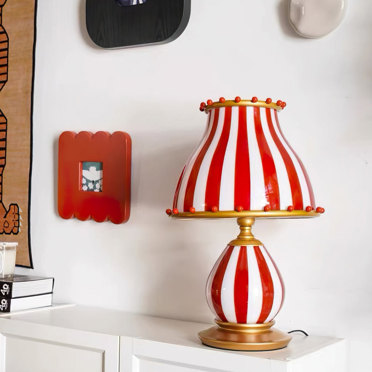 Striped Table Lamp  Red White Circus Design - Detailed view