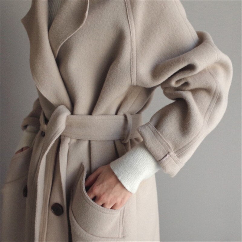 Minimalist Longline Coat  Double-Breasted Wool Blend Winter - Detailed view