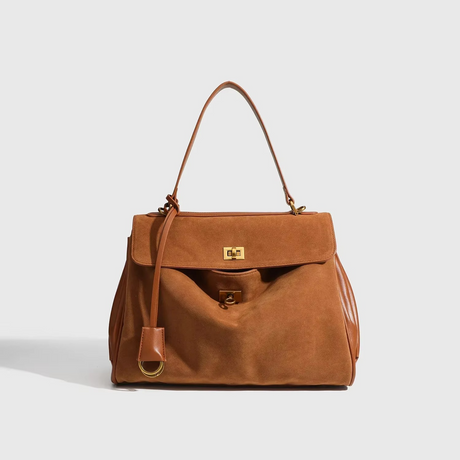 Classic Suede Kelly Bag  Camel Leather Trim Design - Product showcase