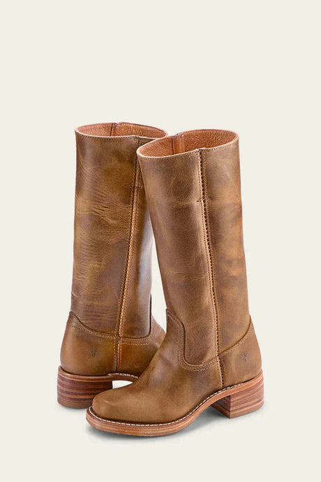 Classic Leather Campus Boots  Tan Full-Grain Block Heel Design - Product showcase