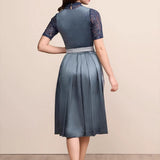 Traditional Dirndl Dress  Navy Blue With Satin Apron - Detailed view
