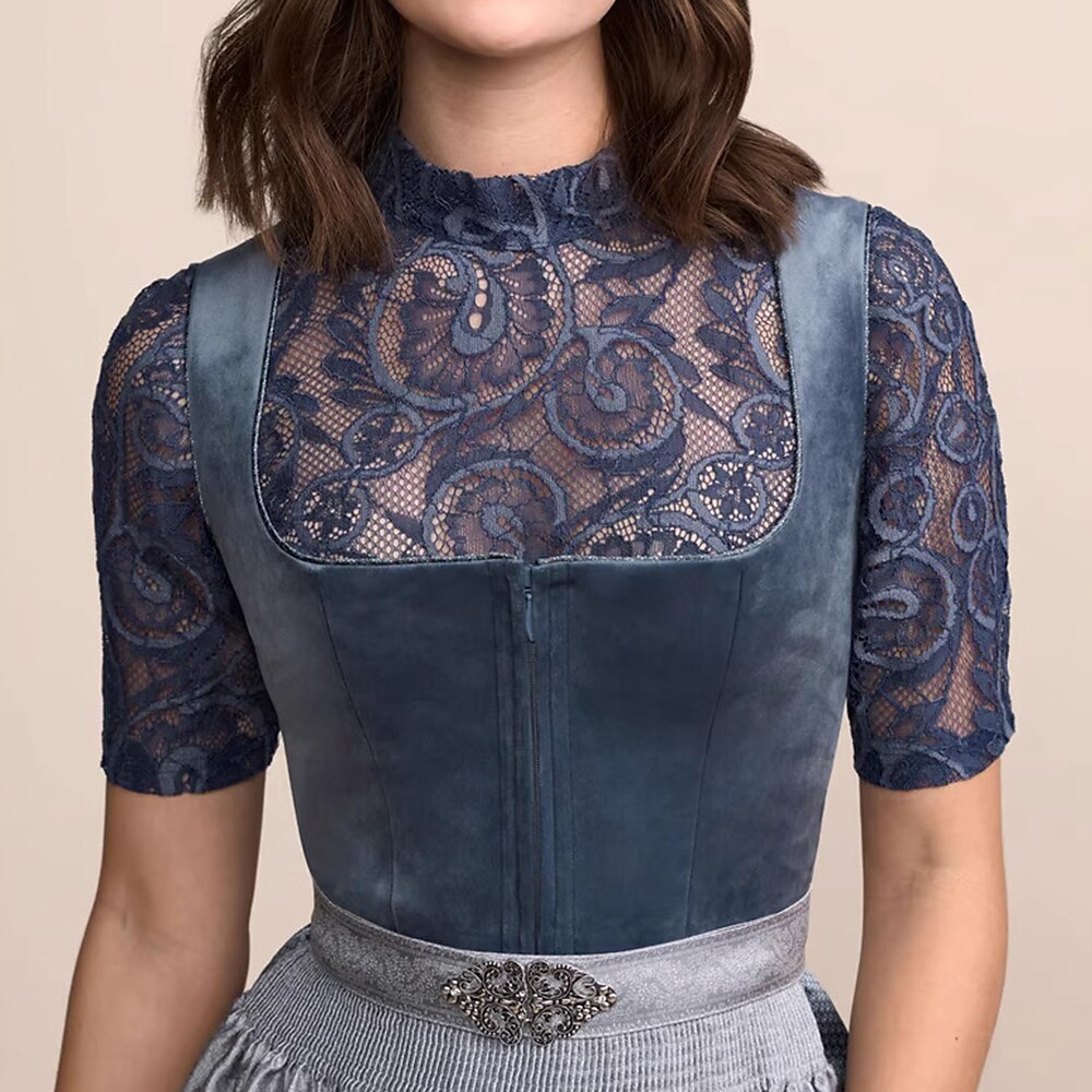 Traditional Dirndl Dress  Navy Blue With Satin Apron - Product detail 4
