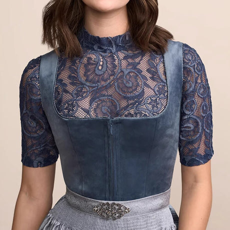 Traditional Dirndl Dress  Navy Blue With Satin Apron - Product detail 4