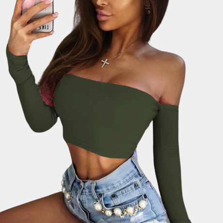 Cotton Off-Shoulder Crop Top  Long Sleeve Fashion Essential - Product showcase