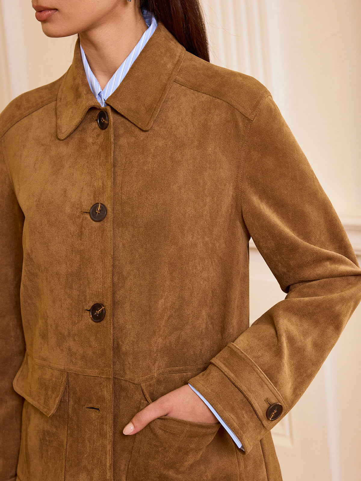 Camel Suede Blazer  Collared Button-Front Design - Detailed view